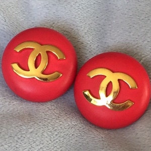 1985's Vintage Jumbo size Coral Red CHANEL Chanel Logo Earrings 24