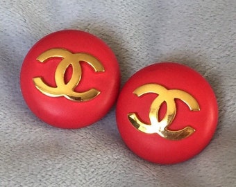 1985's Vintage Jumbo size Coral Red CHANEL Chanel Logo Earrings 24