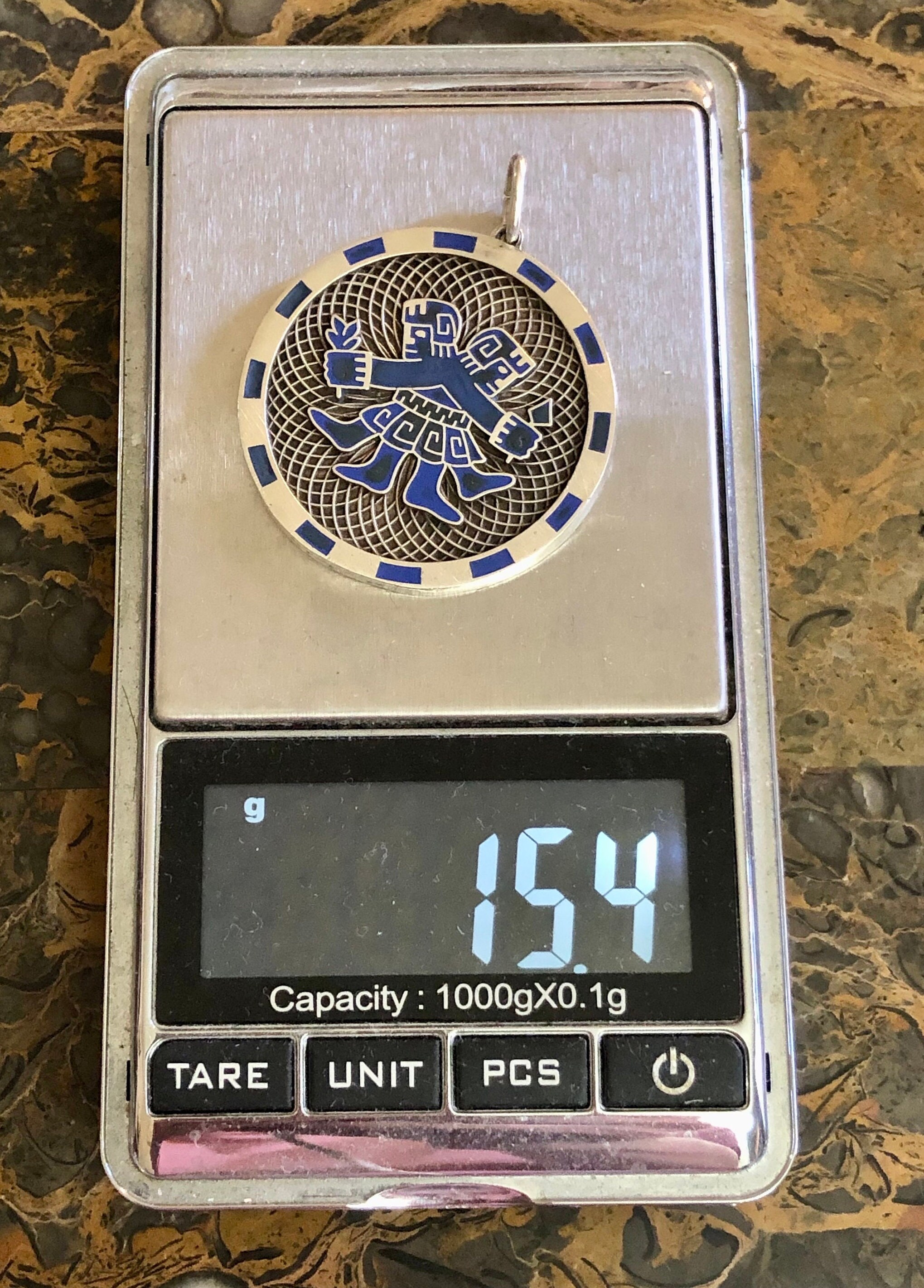 Art Deco Sterling Gemini Zodiac Aztec Mayan Blue Enamel Unisex