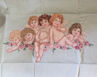 Handmade Cherub Cross Stitch, English Roses, Unframed