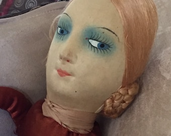 Charming Art Deco egghead boudoir bed doll Coiled Braided hair W/Blue Eyes