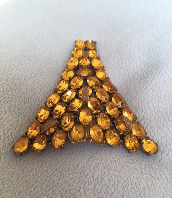 Art Deco Citrine Crystals Metal Large Brooch Pin