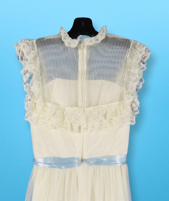 VTG Baby Blue Ribbon Beige Maxi Dress Prairie Boh… - image 2