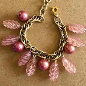 Vintage Carved Pink Lucite Charm Bracelet W/Glass Coated Pearls