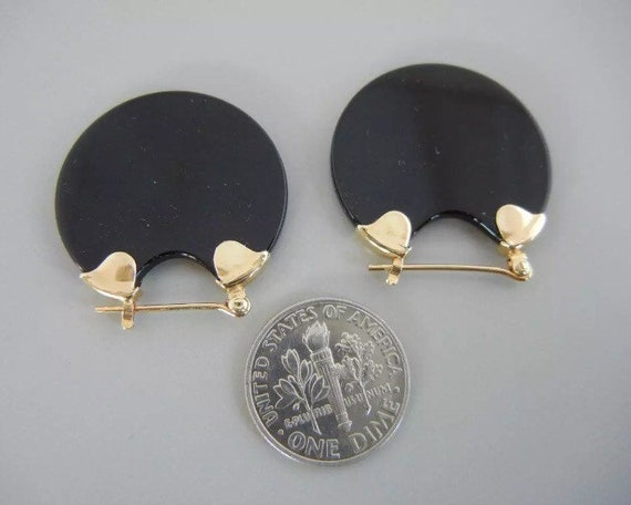 14K Solid Gold & Onyx Flat Disk Hoop Earrings - image 3