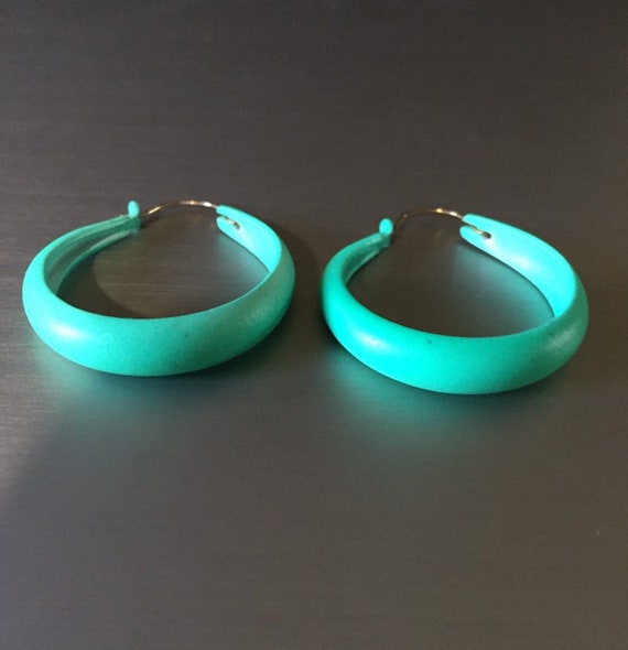 Vintage Blue Green Aqua enamel Hoop Earrings Bask… - image 3