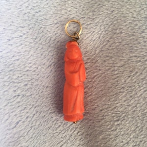 Antique Art Deco Carved 14K Salmon Coral Geisha pendant or charm