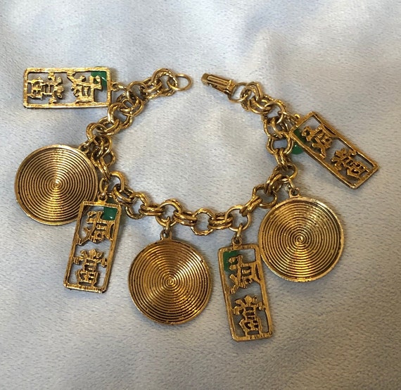 Vintage Green Glass Charm Bracelet W/Oriental Mix… - image 5