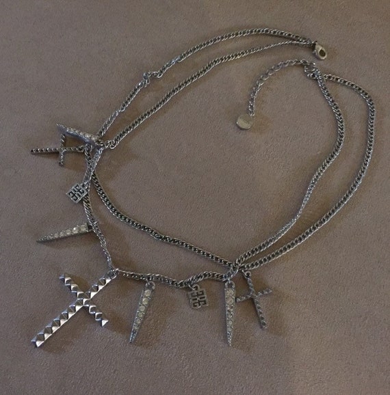 Vintage Givenchy Charm Necklace With Spikes & Multi Cross Charms