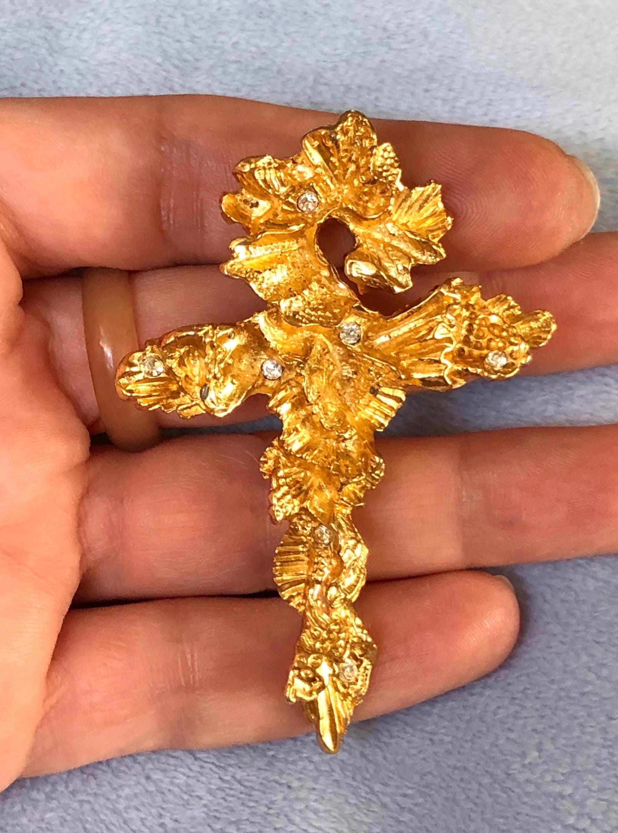 Signed Christian Lacroix Jewelry Brutalist Jeweled Nugget Cross