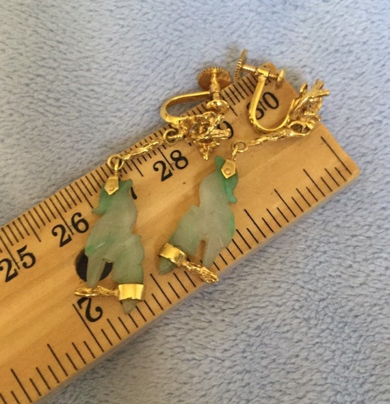 Art Deco 14K Solid Gold Moss Snow Jade Earrings s… - image 9