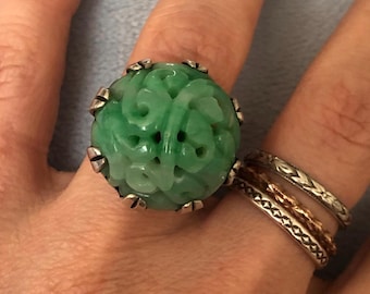 Antique Natural Apple Green Jade Sterling Dome Ring Size 7