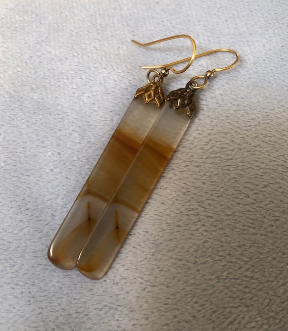 Old Thin Flat Banded Agate Earrings Flat long