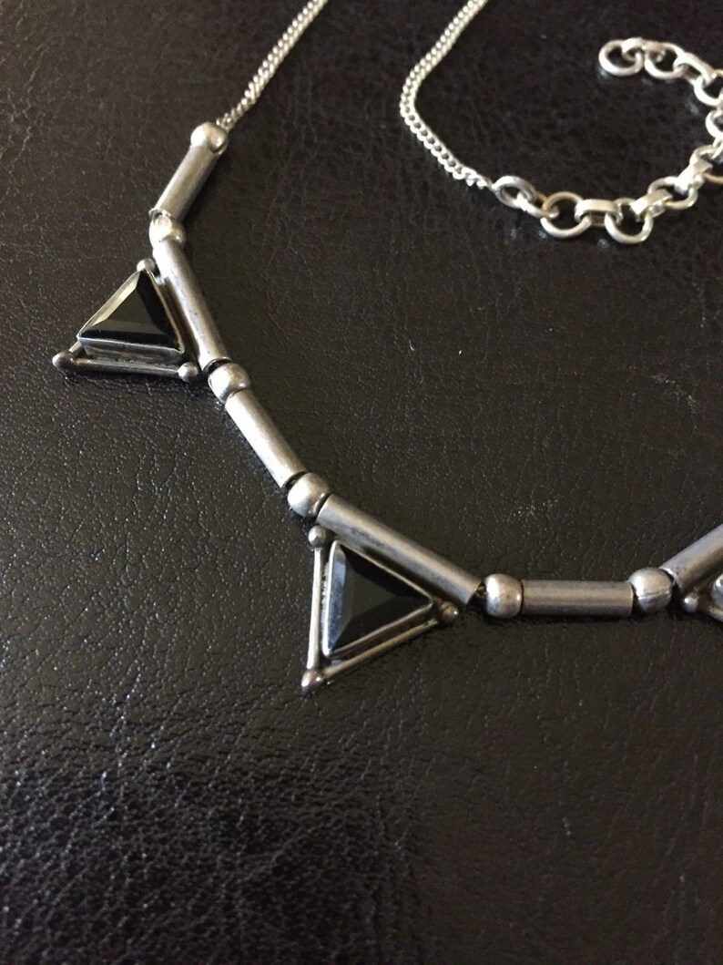 Art Deco Triple Triangle Beveled Onyx Sterling Silver Necklace 18