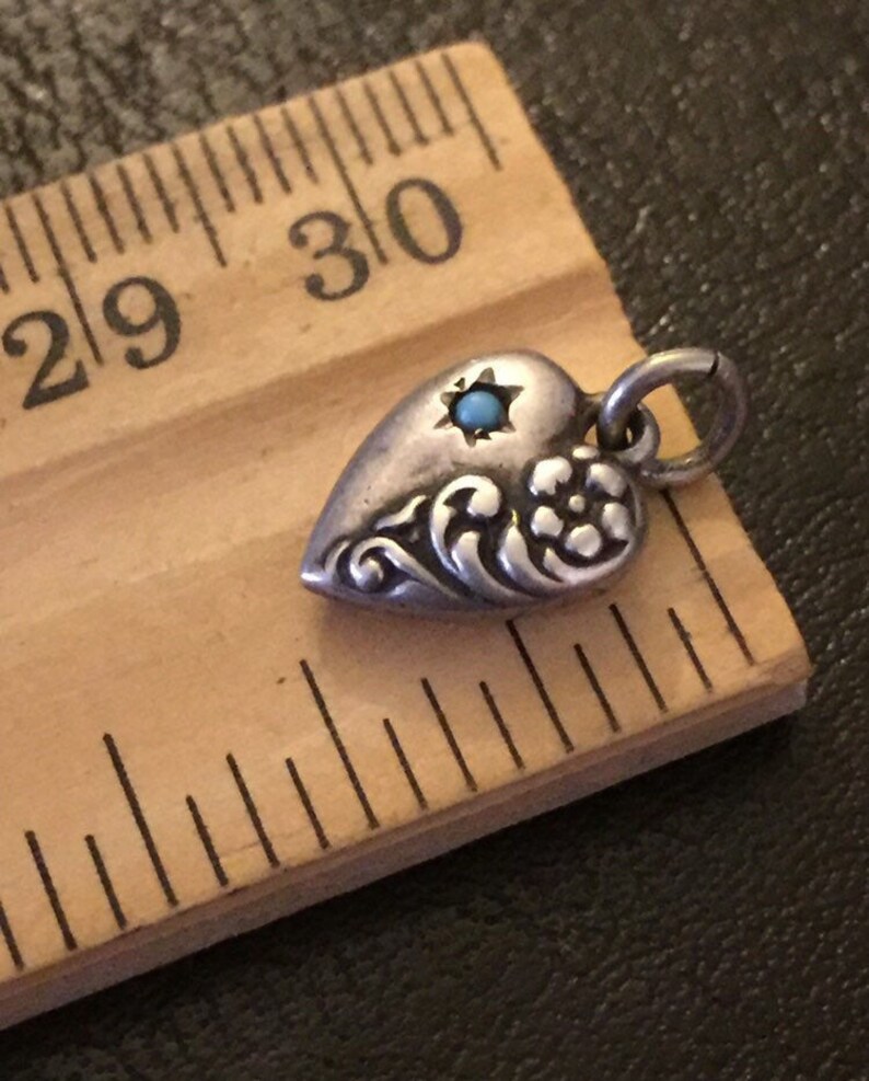 Antique Sterling Silver very tiny Puffy Heart Charm With Turquoise