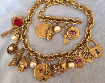 1980 French Etruscan Couture matte Gold toned Charm Necklace and Brooch