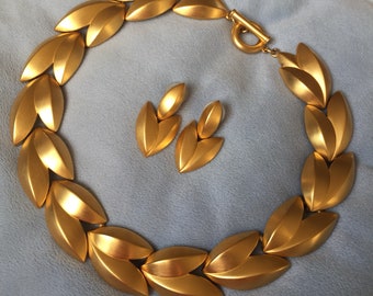 Vintage Givenchy Matte Gold Leaf Necklace & Earrings set