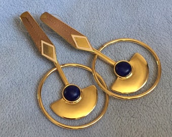 Art Deco style pendulum earrings Geometric pink enamel W/faux lapis