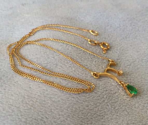 18K Solid Gold Emerald & Diamond Drop Choker Neck… - image 3