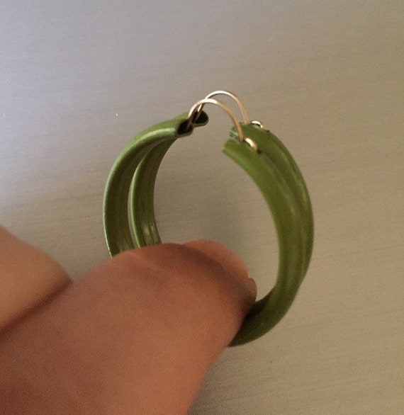 Vintage Sage Green enamel Hoop Earrings W/14K GF … - image 4