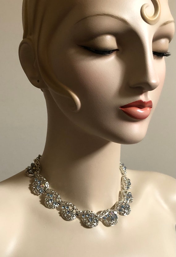 Vintage Rhinestone Collar Necklace pat Pend. Silv… - image 2
