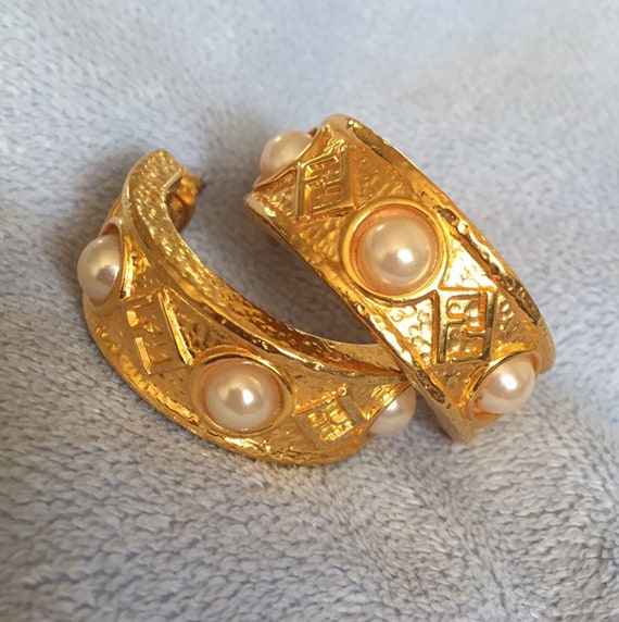 Vintage Fendi Pearl Zucca FF Logo Hoop Earrings - image 3