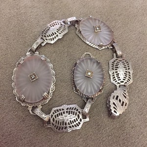 Antique Sterling Silver Pale Pink Camphor Glass and Diamond Large Panel Bracelet