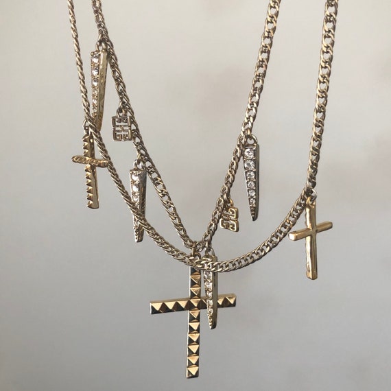 Vintage Givenchy Charm Necklace With Spikes & Multi Cross Charms