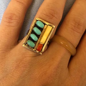 Beautiful Signed Southwestern Navajo Sterling Ring W/Turquoise Coral MOP SZ 5.5