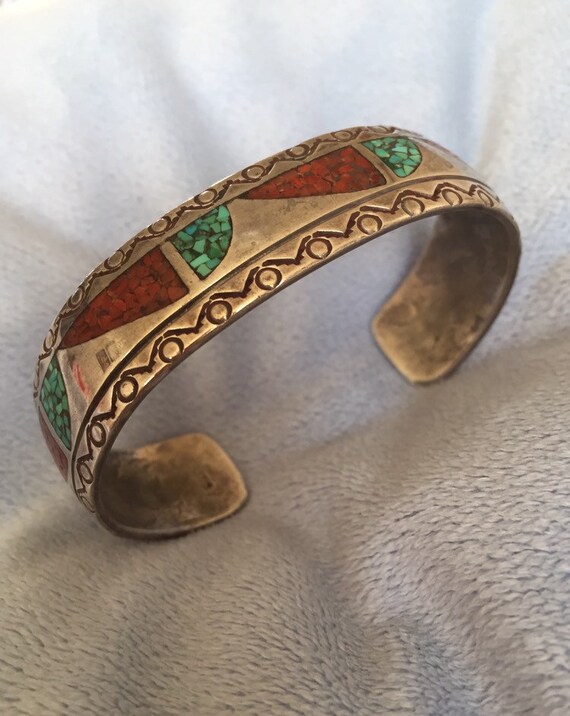 アクセサリー VT navajo bangle vintage Native American Navajo Stamped Sterling Bangle Bracelet
