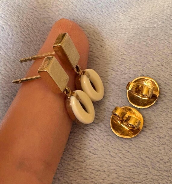 Antique 14K Solid Gold Dangle Stud Gemstone inlay… - image 7