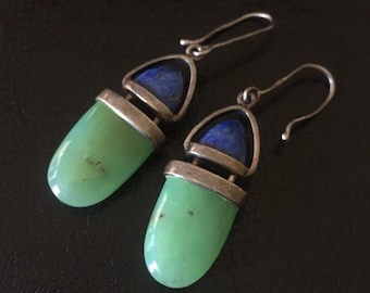 Art Deco Sterling Silver Shield pendulum Lapis Jade Earrings