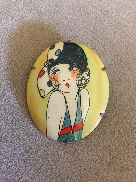 Art Deco 1920 Charming Flapper Celluloid Pin Brooc