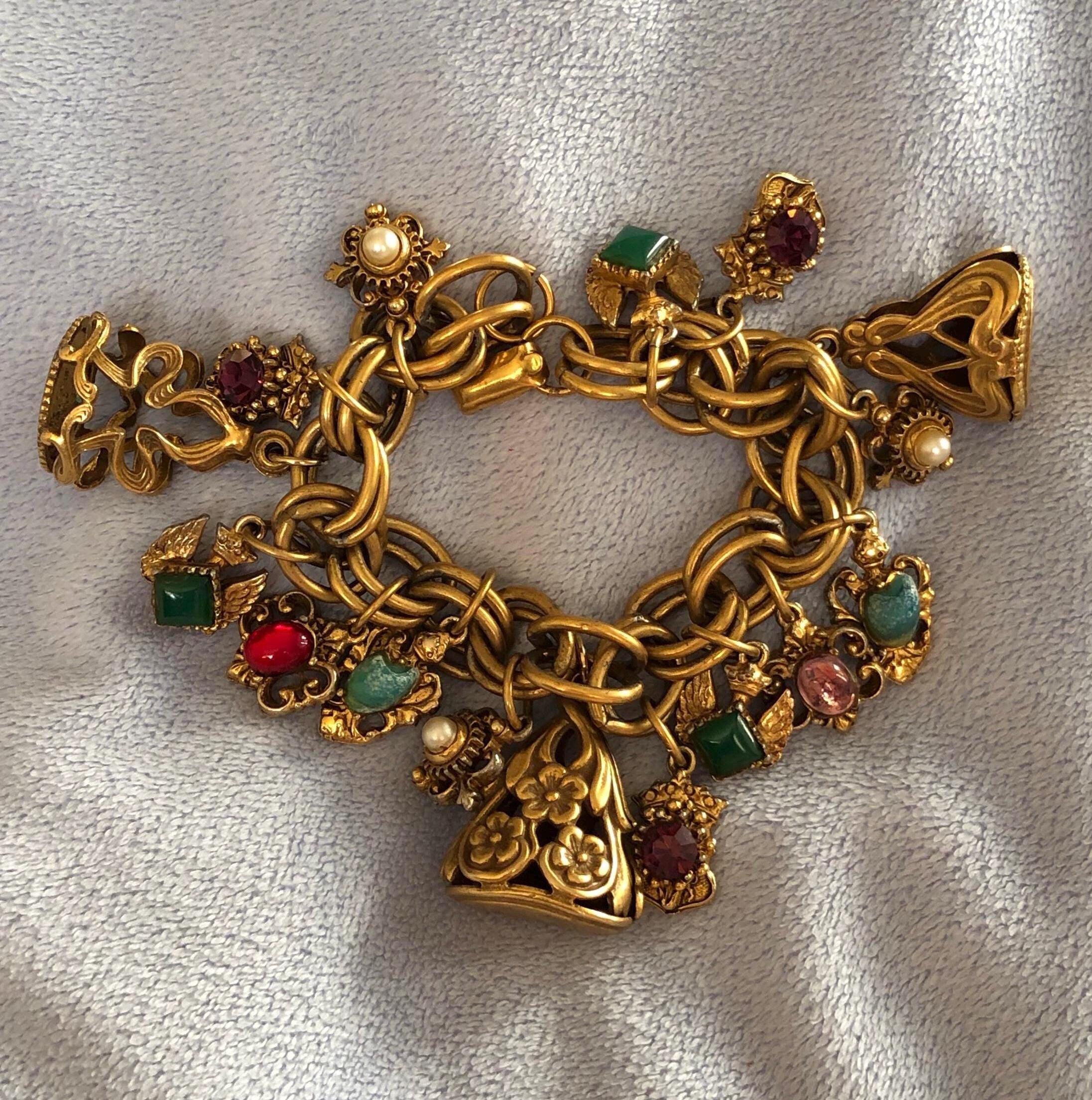 Vintage Coro Botanical Floral Thyme Glass Charm Bracelet W Vintage Coro Botanical Floral Thyme Glass Charm Bracelet W