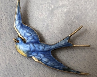 Antique Payee Baker Sterling Silver Blue Bird Swallow Pin Brooch Guilloche Enamel