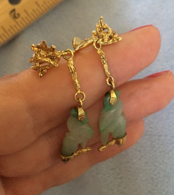 Art Deco 14K Solid Gold Moss Snow Jade Earrings s… - image 4