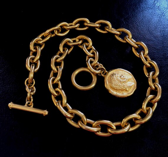 Toggle Necklace With Gold Coin, Gold Toggle Necklace, Gold  18k Gold Plated Chunky Ancient Roman Coin Toggle Necklace main image 1