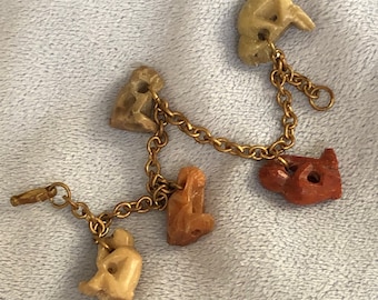 Art Deco Carved Stone monkey charm bracelet See Hear Speak No Evil 3D Charms