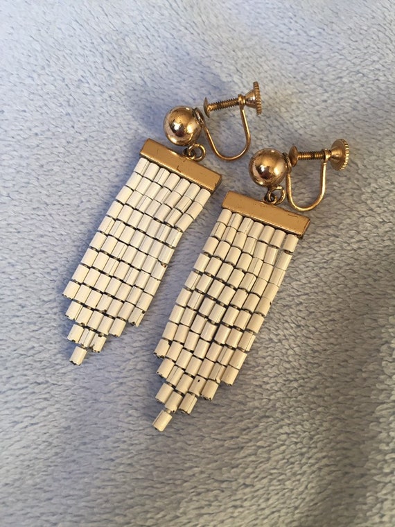 Vintage White 1940-1950's Enamel Chevron Dangle Ea