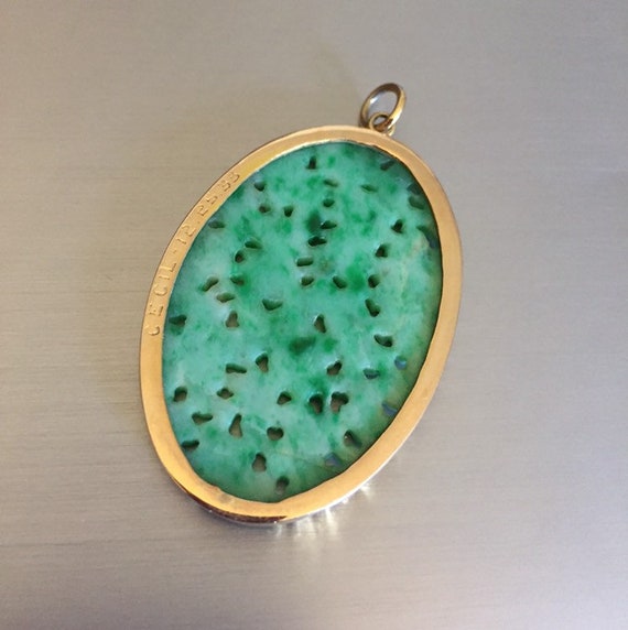 Spectacular 14K Gold Apple Green Jade Large Penda… - image 2