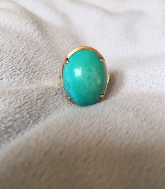 14K Solid Gold Large Turquoise Ring 6.5 - image 2