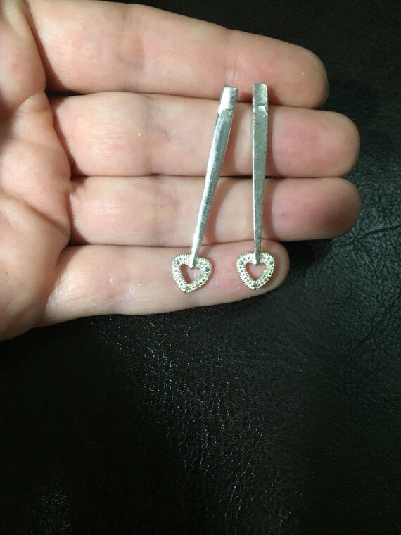 Sterling Silver Diamond heart Long dangle earrings - image 2