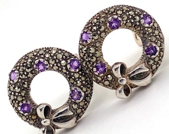 Vintage Sterling Silver Amethyst and Marcasite Deco Bow wreath earrings