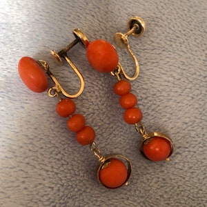Art Deco Antique 14K Gold & Salmon Coral Flappers Sphere Earrings