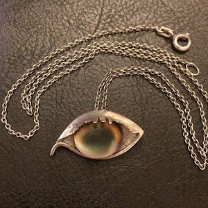 Antike Art Deco Sterling Silber Operculum Realistisches Auge Anhänger Halskette 18&quot;