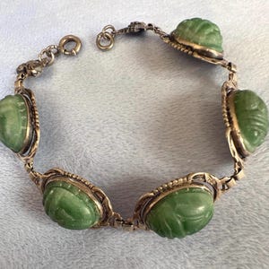 Art Deco Sterling Silver Egyptian Large Scarab Beetle Bracelet 8” Carved rough Chalcedony Gemstones
