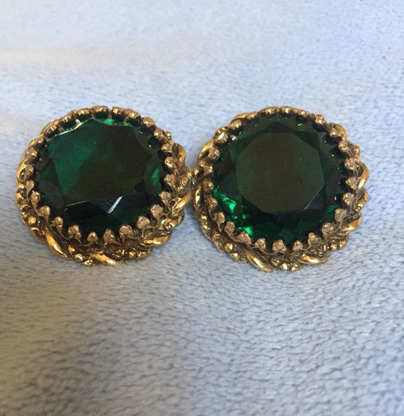 Large Deep Green Glass earrings older vintage cli… - image 1