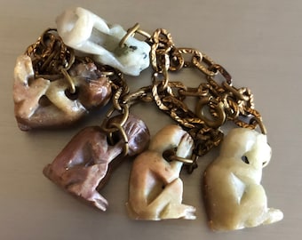 Art Deco Carved Stones monkey charm bracelet See Hear Speak No Evil 3D Charms
