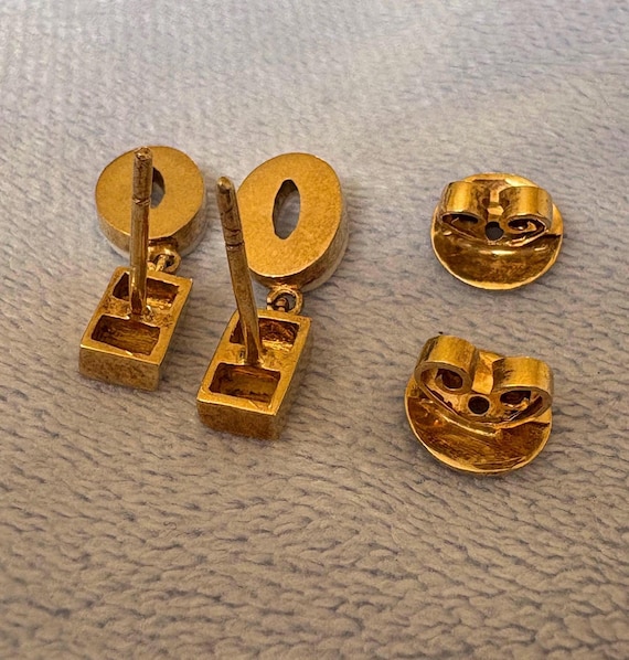 Antique 14K Solid Gold Dangle Stud Gemstone inlay… - image 3