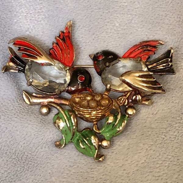 Fred Gray Art Deco Red Birds on egg nest brooch